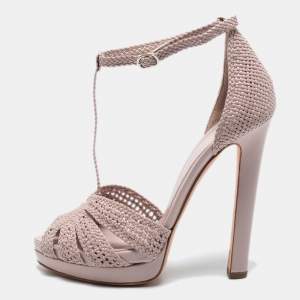 Alexander McQueen Pink Woven Leather T-Bar Ankle Strap Sandals Size 37