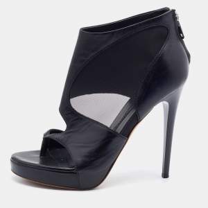 Pre Owned Alexander McQueen Black Leather and Mesh Toe Ring Booties Size 37 