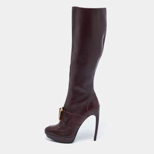 Pre Owned Alexander McQueen Burgundy Leather Knee Length Boots Size 41