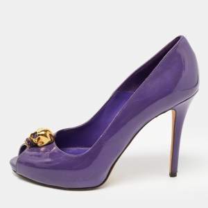 Alexander McQueen Purple Patent Leather Crystal Embellished Skull Peep Toe Pumps Size 38