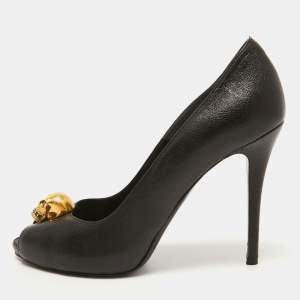 Alexander McQueen Black Leather Skull Peep Toe Pumps Size 38