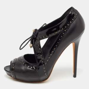 Pre Owned Alexander McQueen Black Leather And Patent Peep Toe Sandals Size 36