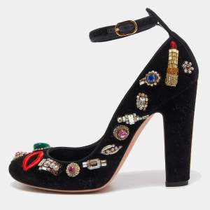Pre Owned Alexander McQueen Black Velvet Crystal Embellished Ankle Cuff Pumps Size 38