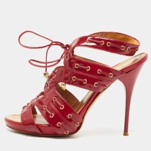 Alexander McQueen Red Patent Leather Lace Up Ankle Strap Sandals Size 39