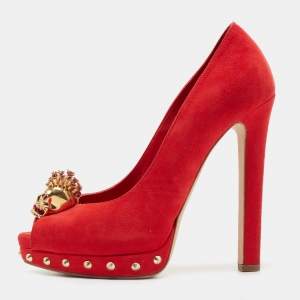 Alexander McQueen Red Suede Skull  Embellished Peep Toe  Pumps Size 37