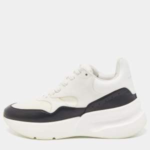 Pre Owned Alexander McQueen White/Black Leather and Mesh Oversized Runner Sneakers Size 37.5