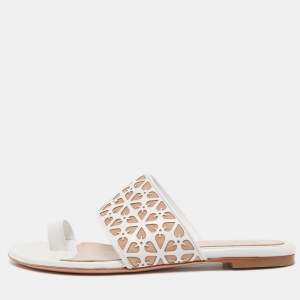 Alexander McQueen White/Beige Laser Cut  Leather and Suede Toe Ring Flat Sandals Size 38.5