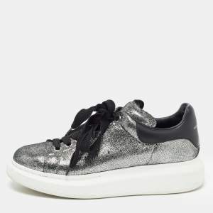 Pre Owned Alexander McQueen Metallic Grey/Black Laminated Suede and Leather Oversized  Sneakers Size 40