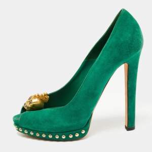 Pre Owned Alexander McQueen Green Suede Crystal Embellished Skull Studded Platform Peep Toe Pumps Size 41