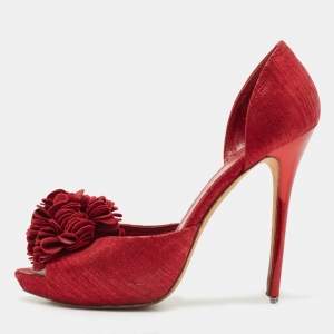 Alexander McQueen Red Laminated Suede Floral Applique D'orsay Pumps Size 38.5