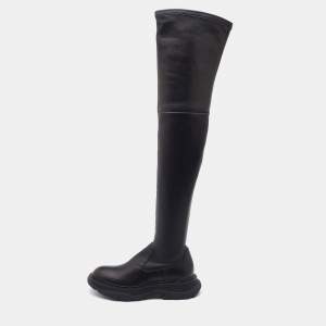 Pre Owned Alexander McQueen Black Leather Over The Knee Boots Size 38.5