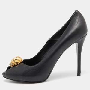 Pre Owned Alexander McQueen Black Leather Crystal Embellished Skull Peep Toe Pumps Size 37.5