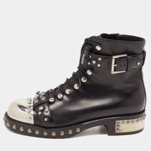 Alexander McQueen Black Studded Leather Cap Toe Ankle Boots Size 38