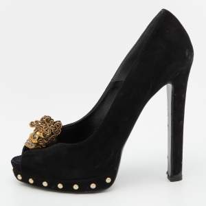 Pre Owned Alexander McQueen Black Suede Crystal Embellished Skull Peep Toe Platform Pumps Size 39