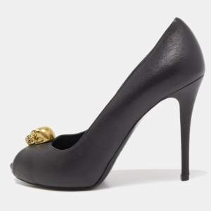 Pre Owned Alexander McQueen Black Leather Skull Platform Peep Toe Pumps Size 39