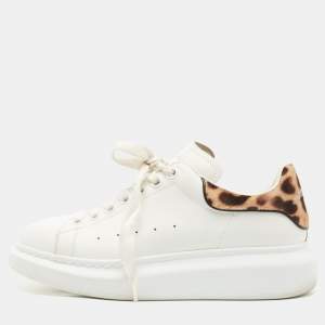 Pre Owned Alexander McQueen White Leather And Leopard Print Pony Hair Low Top Sneakers Size 38