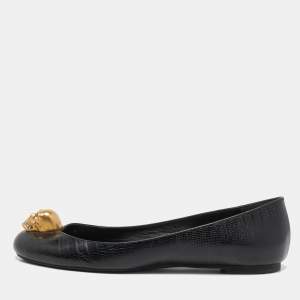 Pre Owned Alexander McQueen Black Lizard Embossed Leather Skull City Ballet Flats Size 37.5