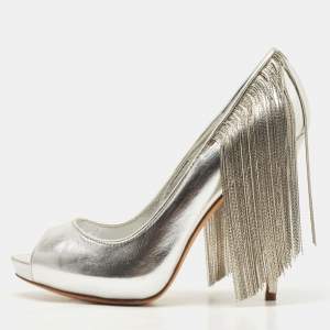 Pre Owned Alexander McQueen Silver Leather Fringe Embellished Peep Toe Pumps Size 38