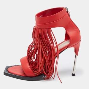 Pre Owned Alexander McQueen Red Leather Fringed Ankle Strap Sandals Size 38.5