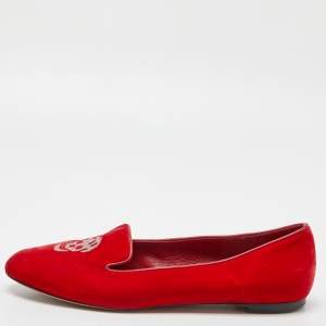 Pre Owned Alexander McQueen Red Velvet Embroidered Skull Smoking Slippers Size 38
