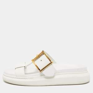 Pre Owned Alexander McQueen White Leather Slides Size 38