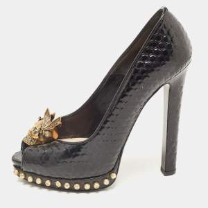 Pre Owned Alexander McQueen Black Patent Leather Skull Embellished Peep Toe Pumps Size 37