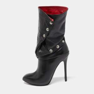 Alexander McQueen Black Leather Stud Detail Calf Length Boots Size 39