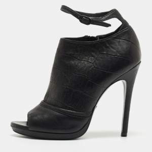 Pre Owned McQ by Alexander McQueen Black Croc Embossed Leather Peep Toe Ankle Strap Booties Size 40