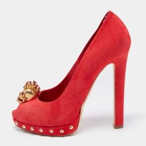 Pre Owned Alexander McQueen Red Suede Embellished Skull Studded Platform Peep Toe Pumps Size 36.5
