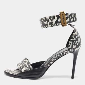 Pre Owned Alexander McQueen Black/White Leather and Lizard Embossed Lana Razor Ankle Cuff Sandals Size 39