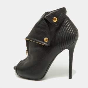 Pre Owned Alexander McQueen Black Leather Faithful Peep Toe Booties Size 37