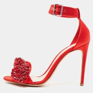 Pre Owned Alexander McQueen Red Satin Embellished Jewel Bow Ankle Strap Sandals Size 37
