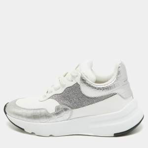 Pre Owned Alexander McQueen White/Silver Croc Embossed and Leather Larry Sneakers Size 40.5