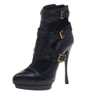 Pre Owned Alexander Mcqueen Black Leather and Suede Buckle Detail Ankle Boots Size 38