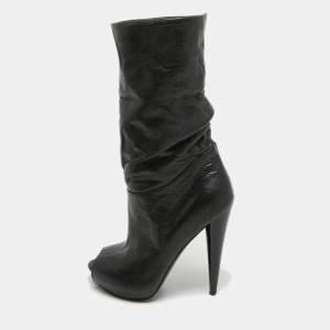 Alexander McQueen Black Leather Peep Toe Ankle Boots Size 35