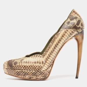 Pre Owned Alexander McQueen Beige/Brown Watersnake and Karung Round Toe Pumps Size 41