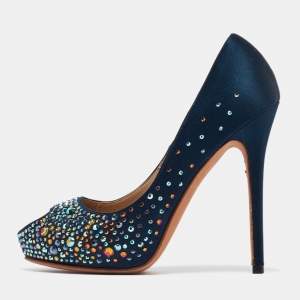 Alexander McQueen Navy Blue Satin Crystal Embellish Peep Toe Pumps Size 36
