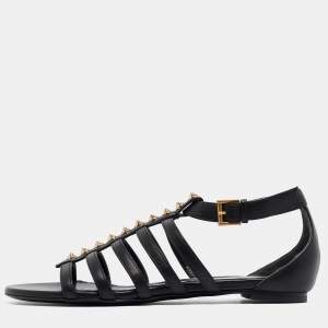 Alexander McQueen Black Leather Studded Flat Sandals Size 38