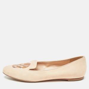 Alexander McQueen Peach Suede Skull Embroidered Smoking Slippers Size 36