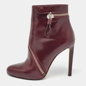 Alexander McQueen Burgundy Leather Spiral Zip Detail Ankle Boots Size 39