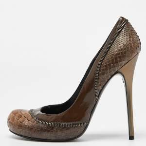 Alexander McQueen Brown/Green Python and Patent Leather Round Toe Pumps Size 38.5