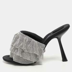 Alexander Wang Silver/Black Ruffled Detail Crystal and Fabric Nala Slide Sandals Size 37