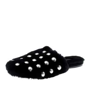 Alexander Wang Black Studded Fur Amelia Shearling Lined Flat Slides Size 41