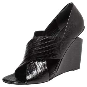 Alexander Wang Black Lizard Embossed Leather Cross Strap Wedge Sandals Size 39
