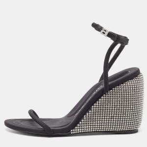 Alexander Wang Dahlia Black Satin Crystal Ankle Strap Wedge Sandals Size 38