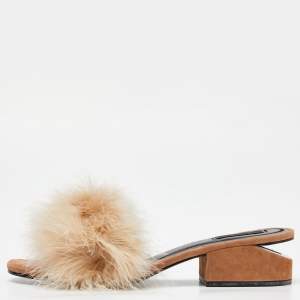 Alexander Wang Brown Fur Open Toe Block Heel Slide Sandals Size 41