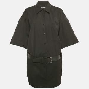 Pre Owned Alexander Wang Black Cotton Belted Hybrid Mini Shirt Dress L