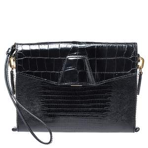 Alexander Wang Black Croc Embossed Leather Lydia Wristlet Clutch