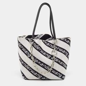 Alexander Wang White/Black Knit Fabric Jacquard Diagonal Logo Roxy Tote 