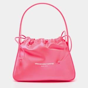 Alexander Wang Neon Pink Satin and Leather Ryan Drawstring Bag